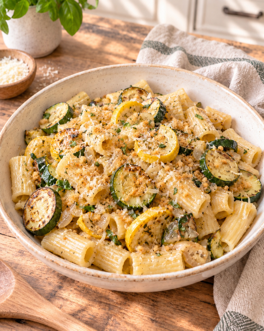 Two-Way Summer Squash Pasta with a Golden Parmesan Crumble